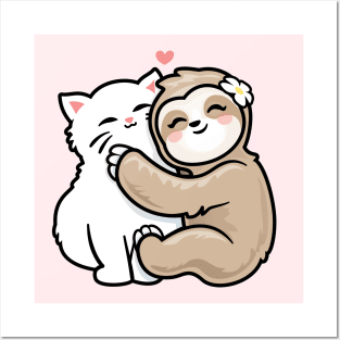 Sloth Hugging Kitty Cat Funny Cute Best Friend Posters and Art